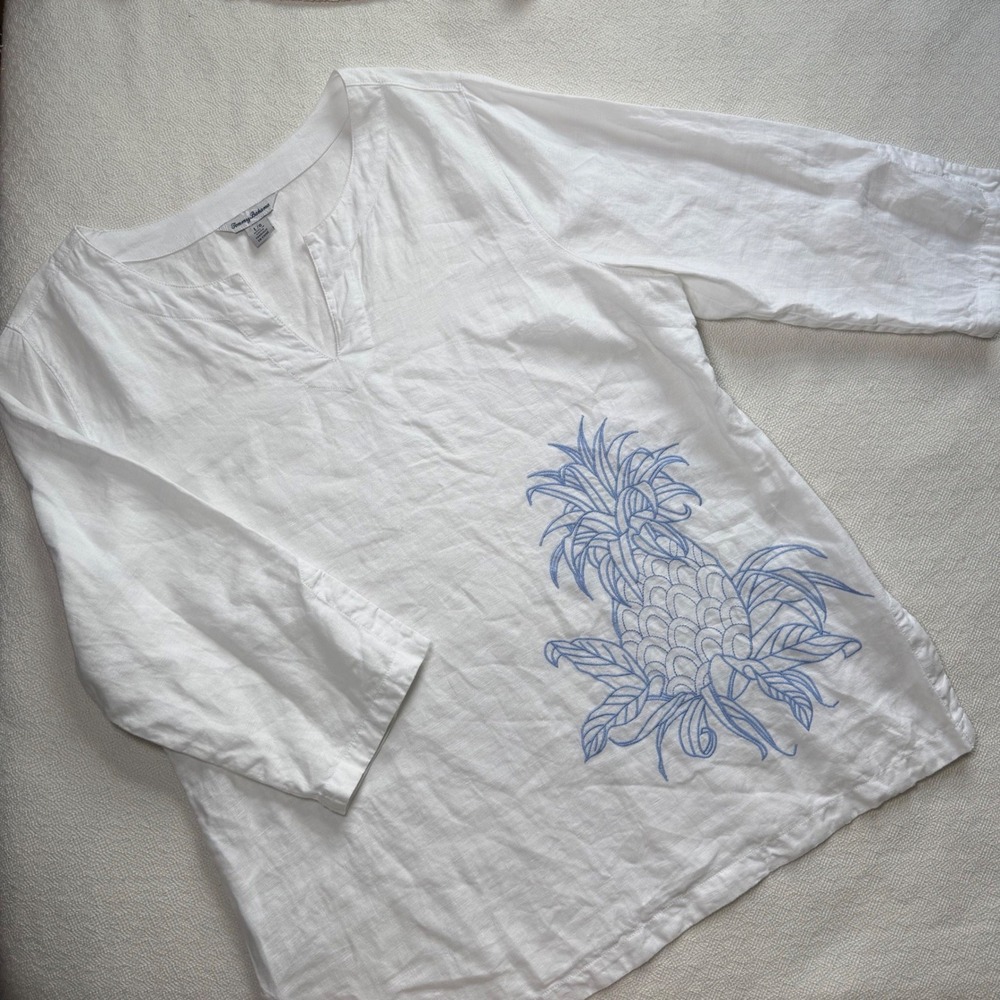Tommy Bahama Womens White Linen Pineapple Embroidered V-Neck Tunic Top Large